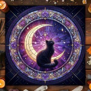 Cat Crescent Moon Stained Glass Tarot Cloth 19X19  NWT